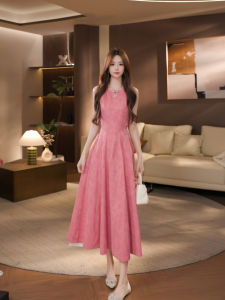 DENGLIULIU | New Chinese Retro Pink Waist Slimming Long Dress