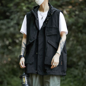 สไตล์ญี่ปุ่นผู้ชาย Workwear เสื้อกั๊กฤดูร้อน Multi-Pocket กลางแจ้ง Retro Mountain บางอเมริกัน Hooded ไหล่ Tank Top