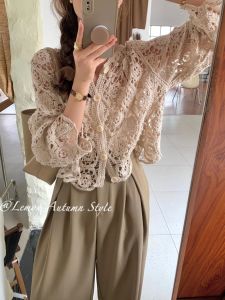 Spring Knitted Crochet Short Coat Womens Bohemian Style Hollow Out Long Sleeve V-Neck Cotton Cardigan for Party