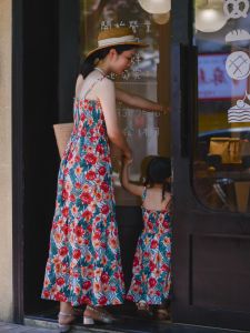 Retro Sweet Beach Vacation Style Childrens Clothing Matching Mother Daughter Dresses High Waist Strap Dresses for Spring Summer