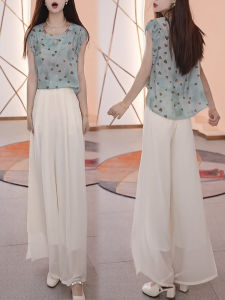 Shalldoer | Fashionable Two-Piece Set Womens Summer New Style Slimming Top Wide Leg Pants Cover Belly Elegant Atmosphere Ensemble