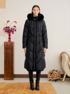 French Luster Satin Fox Fur Hood Long Down Jacket