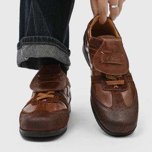 Casual Derbys Box-Head Punching Training Shoes Vintage Flip-Cover Design Breathable Leather Upgraded Comfortable Rubber Sole