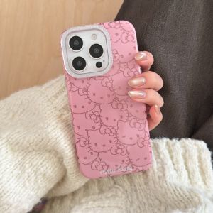 Full Screen Pink Lines Hello Kitty Glitter Phone Case For iPhone 17 Pro 16 15 14 13 17 Pro Max Y2K Pink Girl Shockproof Cover