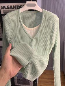 Color Block Short Knitted Sweater Cardigan Womens Autumn Fashion Sensation Small Size Elegant Top Layered Design Korean Style