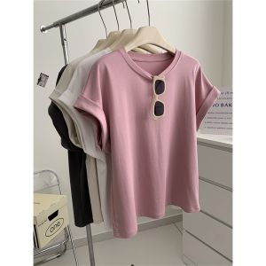 Art Luo Họ Nổi Tiếng Áo Thun Nữ Tay Ngắn Cổ Gió Phong Cách Màu Nguyên Chất Miếng Dán Cường Lực Cổ Tròn Mùa Hè Dáng Rộng Hàng Đầu