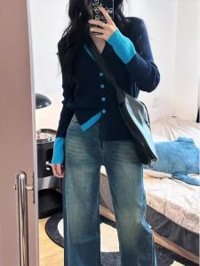 HUOLISI | French Style Blue Colorblock Knit Cardigan