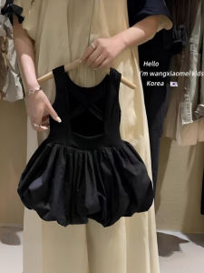 Girls Summer New Style Pure Color Puffy Sleeve Backless Vest Princess Dress Children Korean Style Cotton Print Casual Skirt