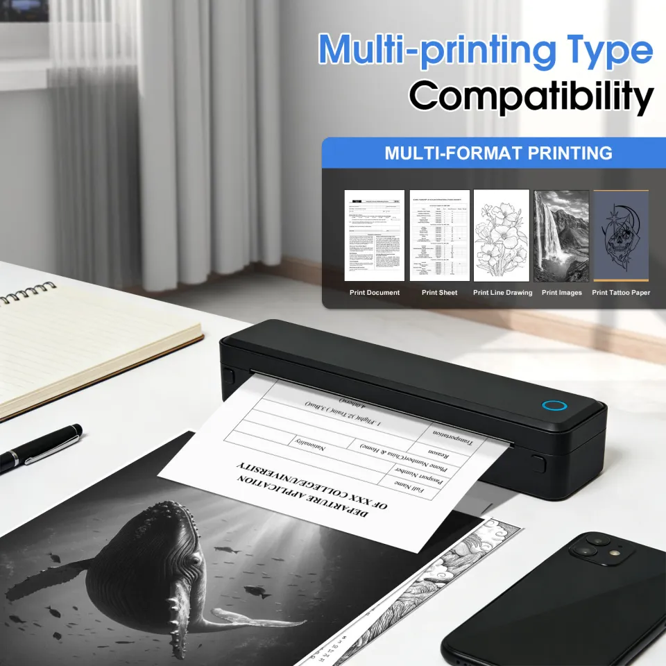 U8 Portable A4 Thermal Printer, Wireless Bluetooth for Digital