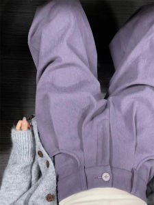 Loose Comfortable Womens Purple Fleece Lined Wide Leg Pants Autumn Winter Casual Straight Cut Corduroy Trousers High Waist Zipper Closure