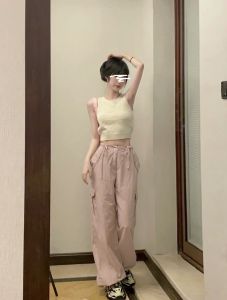 Quần Tây Nữ Màu Hồng Cạp Cao Ống Đứng Bó Sát Phong Cách Mỹ Quần Dài Đến Mắt Cá Chân Làm Tăng Chiều Cao