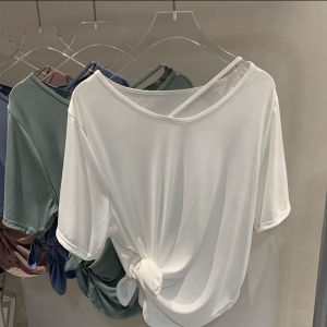 Loose Sports Blouse U-Shaped Easiest for Match Quick-Drying Crew Neck T Fitness Running Breathable Short Sleeve Lightweight Ice Silk Yoga Clothes