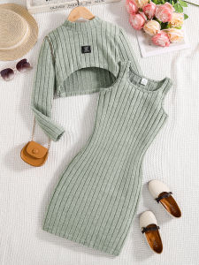 Spring and Autumn New Girls Fashion Knitted Solid Color Pit Strip Mid-Collar Long-Sleeved Shirt + Sleeveless Vest Casual Dress