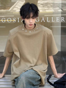 Heavyweight Mens T-Shirt Short Sleeve Shoulder Pad Design American High Street Style round Neck Five Sleeve Loose Fit Summer Fashion