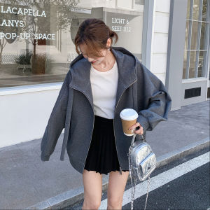 Gray Korean Style Oversize Casual Hoodie Jacket Womens 2025 Autumn New Fashion Small Size Fashion Open Cardigan