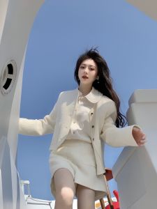 SEVEN7JIA Autumn Fashion round Neck Short Coat Women High Waist Wide Leg Shorts Casual Set Beige Color Business Commute Style