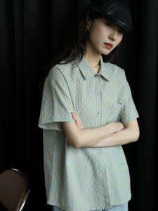 Blue Green Retro Design Short Sleeve Shirt Womens Summer New Stripe Personality Turn Collar Top Loose Fit Button Detail