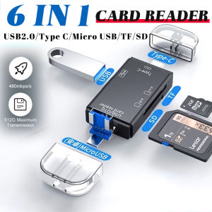 Multifunction USB Memory Card Reader High Speed Micro 6 in 1 USB 2.0 Micro USB Type-C TF Card Slot and USB Interface and SD slot Read or Transfer Data Support Equipment Mobile Phones laptop (USB Type-C) and Common Computers