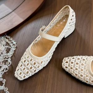 2026 Vintage Woven Cutout Breathable Square Toe Block Middle Heel Mules Shoes for Women Summer Straight Strap Buckle Mary Jane Sandals