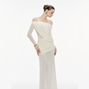 French Vintage Off-shoulder Long Sleeve Ruffle Slimming Dress