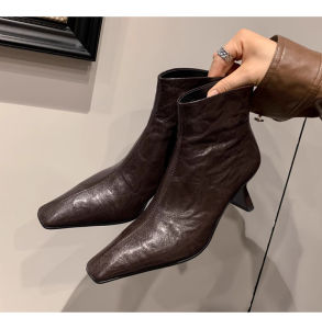 CAIZINI | Wrinkled Square Toe Skinny Stiletto Heel Leather Ankle Boots