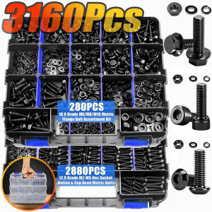 3160Pcs Metric Flange Bolt & Screw Set Grade 12.9/10.9 Alloy Hex Button & Nuts M2-M10 (4-30mm) Storage Box Home/Car/3D/DIY