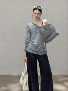Cantonstory | Navy Stripe Skewed Shoulder Henley Neck Long Sleeve T-shirt and Camisole Set