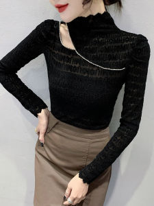 เสื้อเชิ้ตคอสูงแบบโปร่งผ้าลูกไม้แขนยาวสำหรับผู้หญิง เสื้อเชิ้ตทรงเข้ารูปฤดูใบไม้ร่วง/ฤดูหนาว เสื้อเชิ้ตคอปกสูงแบบโปร่งใส เสื้อเชิ้ตคอกลม