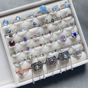 Adjustable Sea Blue Topaz Quartz Crystal Vintage Chinese Style Ring Unique Piece Fashionable Jewelry Accessory for Women