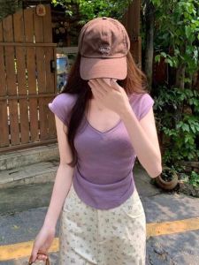 HUOLISI | Purple Knitted Icy Silk V-neck Slimming Short Sleeve Women T-shirt