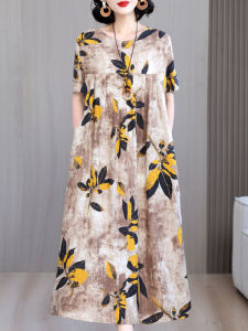 Elegant Short Sleeve Floral Cotton Silk Dress Vintage High-End Feeling Artificial Cotton Long Skirt for Stylish Mom Summer Wear