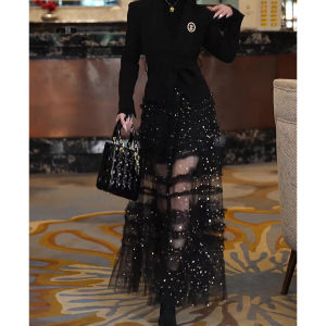 Váy Lưới Dài Màu Đen Có Ren Thắt Lưng Cao Cho Nữ Mùa Thu 2025 Váy Chữ a Dáng Rộng Thoải Mái Thường Ngày