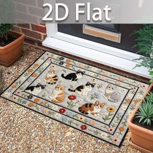 VIKAMA Cat Doormat Six Kittens Daisy Flower Light Gray Welcome Mat Front Door Entryway 2D Flat Non Slip Rug Pet Decor