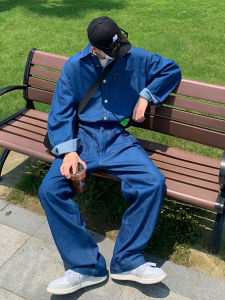 Loose Workwear Denim Overalls Mens Retro Onesie Womens Japanese Style Trendy Jumpsuit Pantsuit Autumn Winter High Waist Long Leg Zipper Closure