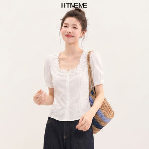 HTMEME | Áo Blouse Tay Ngắn Ôm Body Màu Trắng Sang Trọng