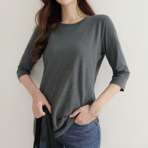 New Arrival Three-Quarter-Length-Sleeved T-shirt Womens Mid Length Long Length Loose Spring & Fall Plus Size Cotton Base Shirt K-style Half Length Half Sleeve Tops T