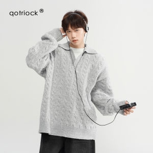 American Retro Twisted Fake Two-Piece Knitted Sweater Men Winter Trendy Lazy Pure Color Overhead Thickened Outerwear