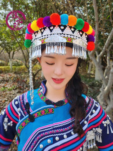 Handmade New Style Hani Ethnic Womens Hat Silver Decorated Ball Tassel Cap Folkloric Costume Headwear Traditional Minority Hat