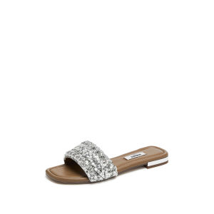 Staccato Elegant Diamond Rhinestone Flat Sandals Womens Double Track Fairy Style Slip-On Shoes Comfortable Low Heel Rubber Sole