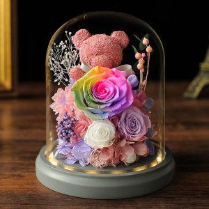 MLZH | New Year Valentines Day Gift Eternal Moss and Rose Teddy Bear Glass Dome