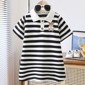 2025 New Childrens Dress Girls Summer Korean Edition Striped Strawberry lapel Casual Dress 1-10 Years Old