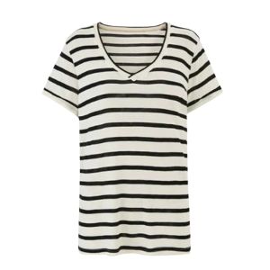 YUEZHONGWEI | Summer V-neck T-shirt Womens Short Sleeve Knitted Linen Silk Stripe Color Block Design Casual Top Korean Style Loose Fit