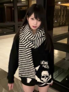 Black Abi Skeleton Horse Hair V-neck Sweater Womens Autumn Winter Lazy Style Loose Casual Versatile Knitted Top Streetwear