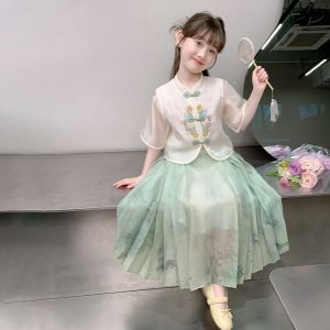 New Chinese Style Girls Summer Dress Set Silk Skirt One-Piece Dress Childrens Ancient Costume Female Toddler Clothing