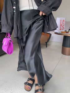 กระโปรงทรงหางปลาผ้าซาตินอะซิเตทสำหรับผู้หญิง ไซส์ใหญ่ สไตล์ใหม่ ฤดูใบไม้ผลิและฤดูใบไม้ร่วง กระโปรงยาวปานกลางสีพื้น สไตล์ไฮเอนด์