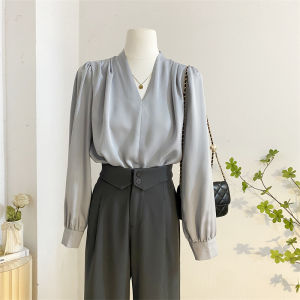 French Style Fancy V Neck Satin Long Sleeve Shirt Womens Autumn and Winter Stylish Temperament Base Shirt Acetate Top