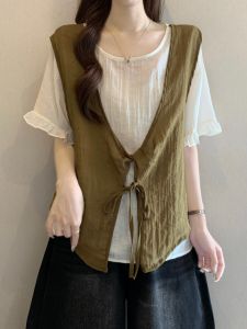Two-Tone Padded Short Sleeve Shirt Slimming Design for Plus Size 2026 Summer
