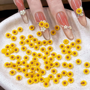 50/100Pcs 3D Mini Sunflower Nail Charms 4mm Cute Yellow Resin Daisy Flower Nail Art Decorations DIY Summer Manicure Accessories