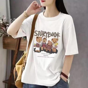 Women Cotton T Shirt Couples dress Cartoon Printed Shirt Summer New Breathable Versatile Top Bear Party Fashion T Shirt Easy To Wear No Pilling No Fading Short Sleeve Front Shoulder Half-sleeved 40-100KG Men & Women Can Wear Loose Top Couples dress