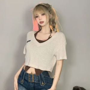 Y2K Millennium Spicy Girl Short Sleeve T-shirt Cotton Polyvinyl Chloride Two-Piece Set Summer K-Style Work Clothing Asymmetry Pattern